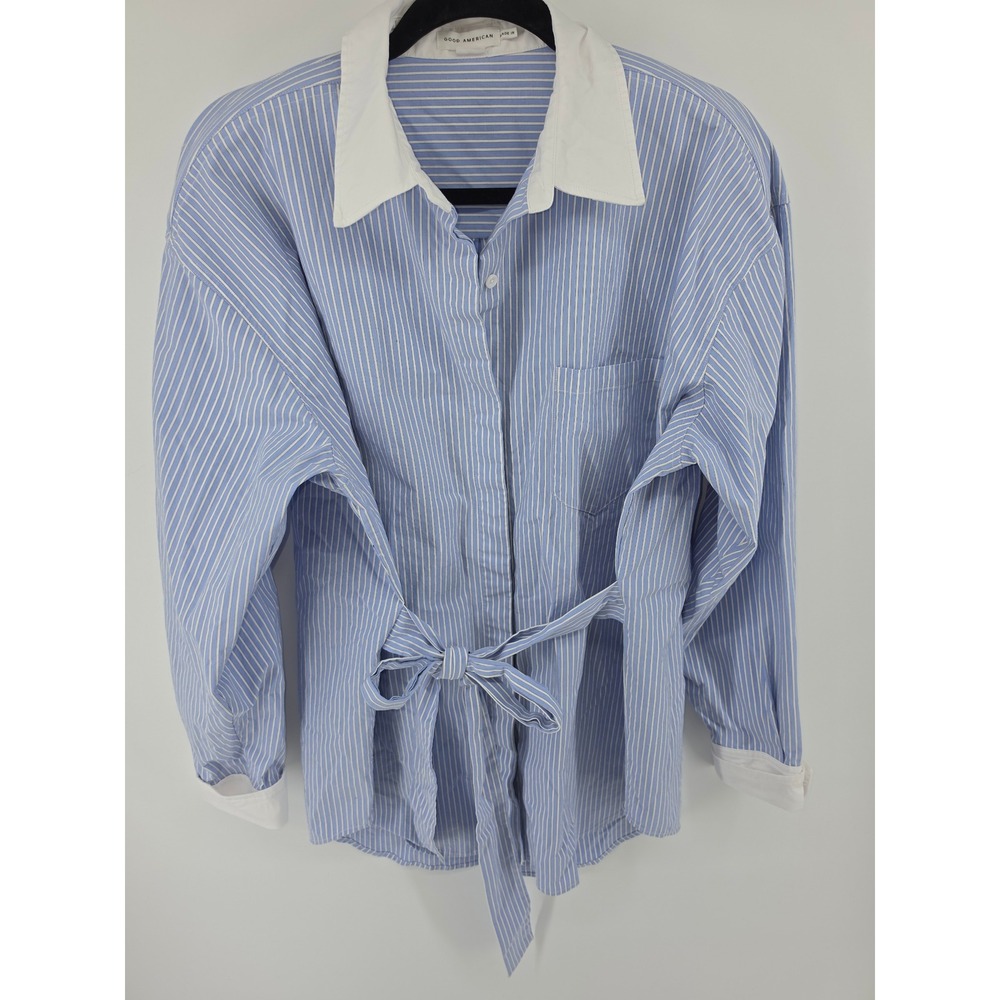 Good American Hot Girl Stripe Shirt Blue White Contrast Collar Tie Waist XL
